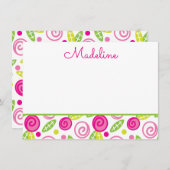 ピンク及び緑の花のパーソナライズで平らなメッセージカード ノートカード (正面/裏面)