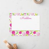 ピンク及び緑の花のパーソナライズで平らなメッセージカード ノートカード (正面/裏面インサイチュ)