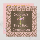ピンク及び茶色のダマスク織の聖餐式の招待状 招待状 (正面/裏面)