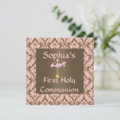 ピンク及び茶色のダマスク織の聖餐式の招待状 招待状 (スタンド正面)