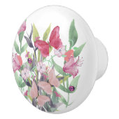 ピンク及び赤い水彩画の花及び蝶 セラミックノブ (右)