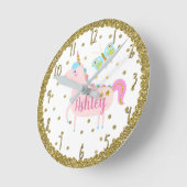 ピンク及び金ゴールドのグリッターのユニコーンの女の子の寝室の子供部屋 ラウンド壁時計 (傾斜)