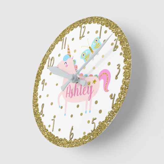 ピンク及び金ゴールドのグリッターのユニコーンの女の子の寝室の子供部屋 ラウンド壁時計 (傾斜)