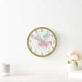ピンク及び金ゴールドのグリッターのユニコーンの女の子の寝室の子供部屋 ラウンド壁時計 (ホーム)