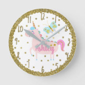 ピンク及び金ゴールドのグリッターのユニコーンの女の子の寝室の子供部屋 ラウンド壁時計 (正面)