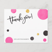 ピンク及び金ゴールドのサンキューカード-モダンな水玉模様