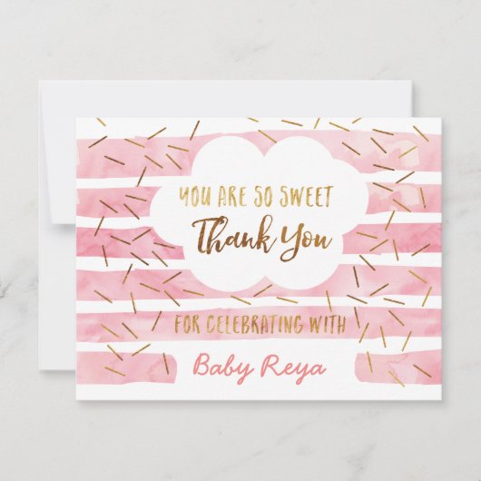 ピンク及び金ゴールドのベビーはサンキューカードを振りかけます サンキューカード (正面)