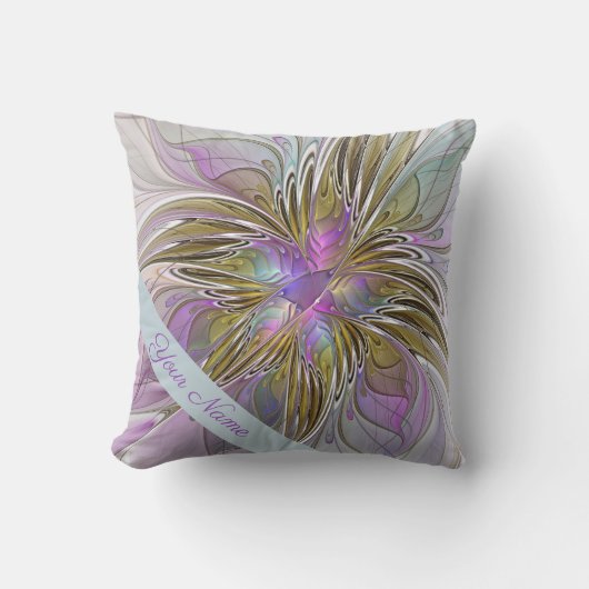 ピンク及び金ゴールドの名前の花のカラフルな抽象美術 クッション (正面)