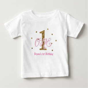 ピンク及び金ゴールドの女の子1つの第1誕生会のカスタム ベビーTシャツ