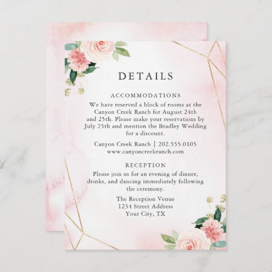 ピンク及び金ゴールドの幾何学的な花のゲストの明細カード エンクロージャーカード (正面/裏面)