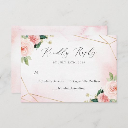 ピンク及び金ゴールドの幾何学的な花の水彩画RSVPカード 出欠カード (正面/裏面)