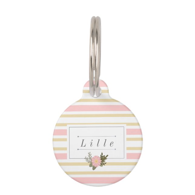 ピンク及び金ゴールドはパーソナライズなペット名札を縞で飾ります ペット　ネームタグ (正面)