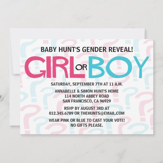 ピンク及び青いタイポグラフィの性はパーティーを明らかにします 招待状 (正面)