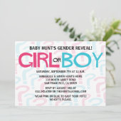 ピンク及び青いタイポグラフィの性はパーティーを明らかにします 招待状 (スタンド正面)