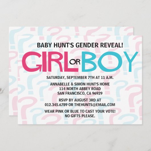 ピンク及び青いタイポグラフィの性はパーティーを明らかにします 招待状 (正面/裏面)