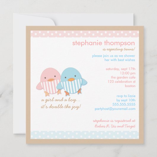 ピンク及び青いダッキーの対の男の子及び女の子のベビーシャワー 招待状 (裏面)