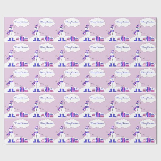 ピンク及び青いメリークリスマスの雪だるまはとの縞で飾ります ラッピングペーパー (フラット)