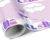 ピンク及び青いメリークリスマスの雪だるまはとの縞で飾ります ラッピングペーパー (ロールコーナー)