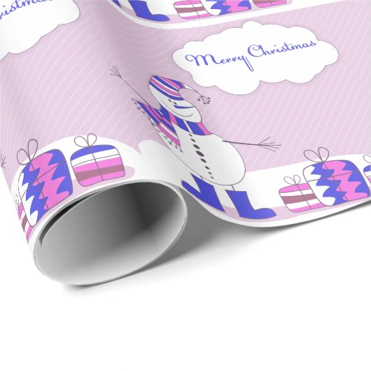 ピンク及び青いメリークリスマスの雪だるまはとの縞で飾ります ラッピングペーパー (ロールコーナー)