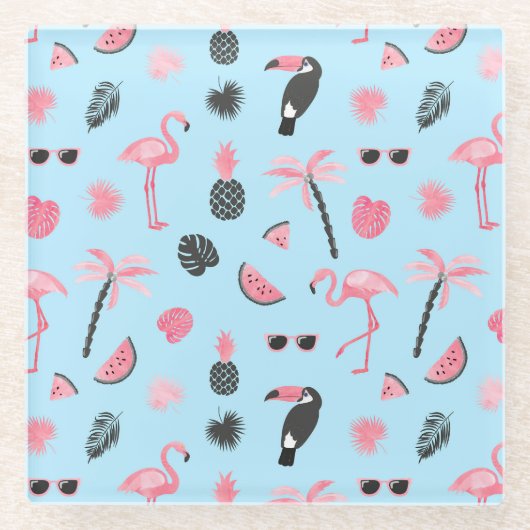 ピンク及び青い夏の熱帯パターン ガラスコースター (正面)