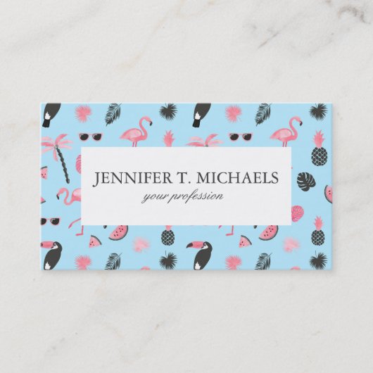ピンク及び青い夏の熱帯パターン 名刺 (正面)