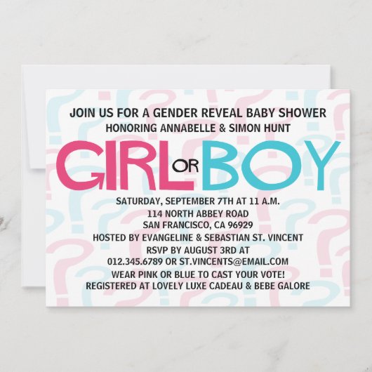 ピンク及び青い性はベビーシャワーのパーティーを明らかにします 招待状 (正面)