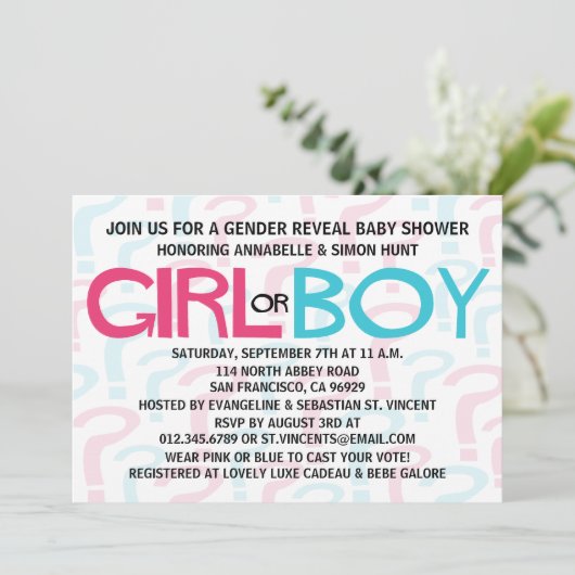 ピンク及び青い性はベビーシャワーのパーティーを明らかにします 招待状 (スタンド正面)