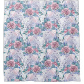 ピンク及び青のバラパターン シャワーカーテン (正面)