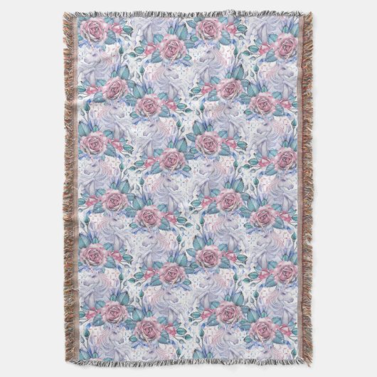 ピンク及び青のバラパターン スローブランケット (正面縦)