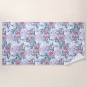 ピンク及び青のバラパターン ビーチタオル (正面)