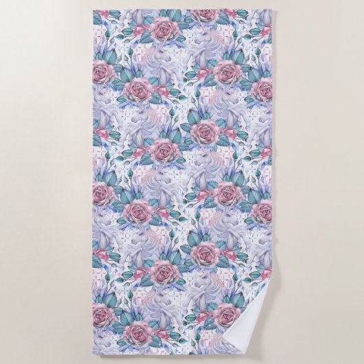 ピンク及び青のバラパターン ビーチタオル (正面)