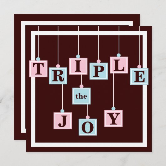 ピンク及び青色児のシャワーの三重項のベビーのブロック 招待状 (正面/裏面)