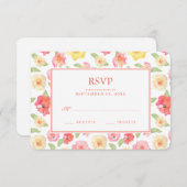 ピンク及び黄色い花の水彩画- RSVPを結婚すること 出欠カード (正面/裏面)