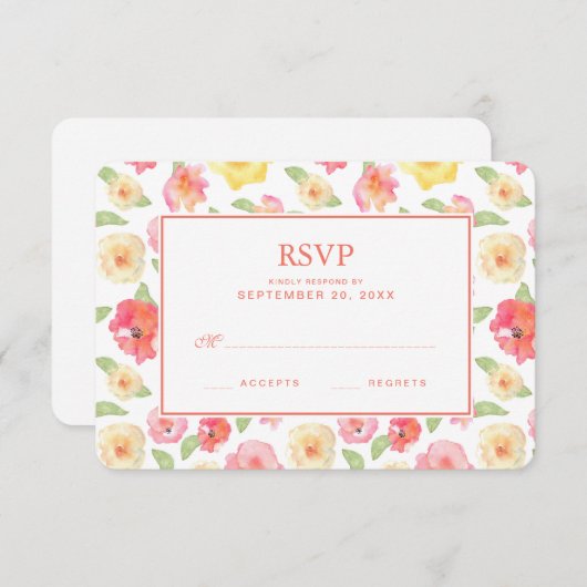 ピンク及び黄色い花の水彩画- RSVPを結婚すること 出欠カード (正面/裏面)