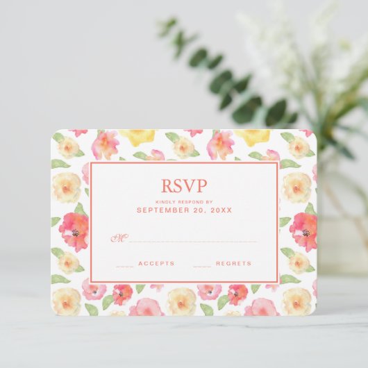 ピンク及び黄色い花の水彩画- RSVPを結婚すること 出欠カード (スタンド正面)