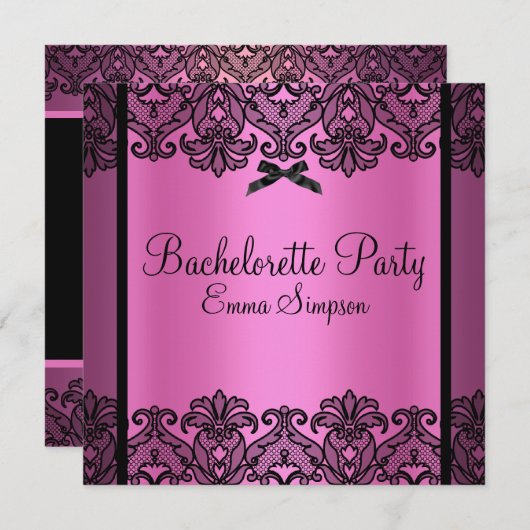 ピンク及び黒いダマスク織のレースのバチェロレッテの招待 招待状 (正面/裏面)