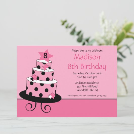 ピンク及び黒い星のケーキの誕生日の招待状 招待状 (スタンド正面)