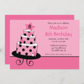 ピンク及び黒い星のケーキの誕生日の招待状 招待状 (正面/裏面)