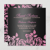 ピンク及び黒のバラの花びらの菓子16の誕生日の招待 招待状 (正面/裏面)