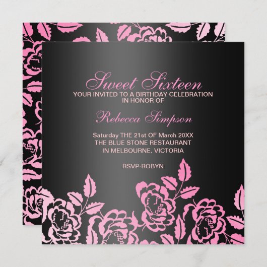 ピンク及び黒のバラの花びらの菓子16の誕生日の招待 招待状 (正面/裏面)