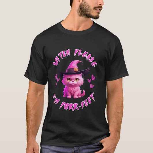 ピンク可愛い猫の魔女I m Purrフェクトハル Tシャツ (正面)