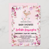 ピンク可愛い鹿の子葉甘い花の赤ちゃんシャワー子供 招待状 (正面/裏面)