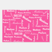 ピンク名前をカスタムするハッピーバースデーガールズギフト3 ラッピングペーパーシート (正面)