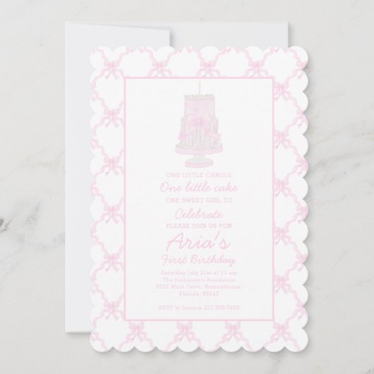 ピンク名門私立校風のお誕生日ケーキ1歳 招待状 (正面)