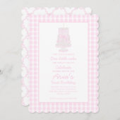ピンク名門私立校風のお誕生日ケーキ1歳 招待状 (正面/裏面)