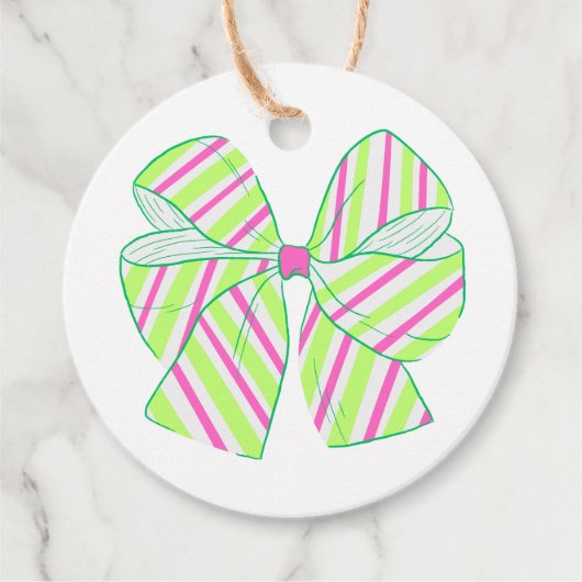 ピンク名門私立校風のとグリーンのストライプの弓 フェイバータグ (正面)