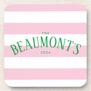 ピンク名門私立校風のとグリーンのストライプカップル婚約 コースター