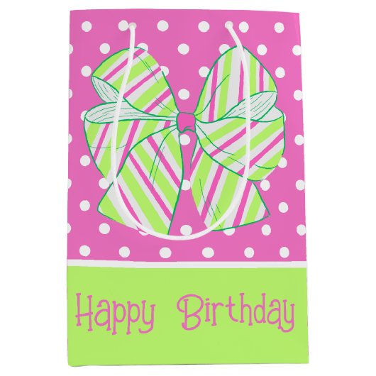 ピンク名門私立校風のとグリーンのボーストライプの水玉模様 ミディアムペーパーバッグ (正面)