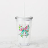 ピンク名門私立校風のとグリーンの弓パーソナライズされた アクリルタンブラー (正面)