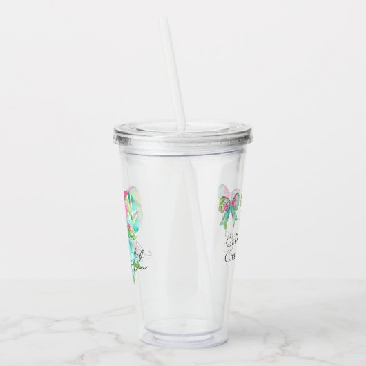 ピンク名門私立校風のとグリーンの弓パーソナライズされた アクリルタンブラー (左)